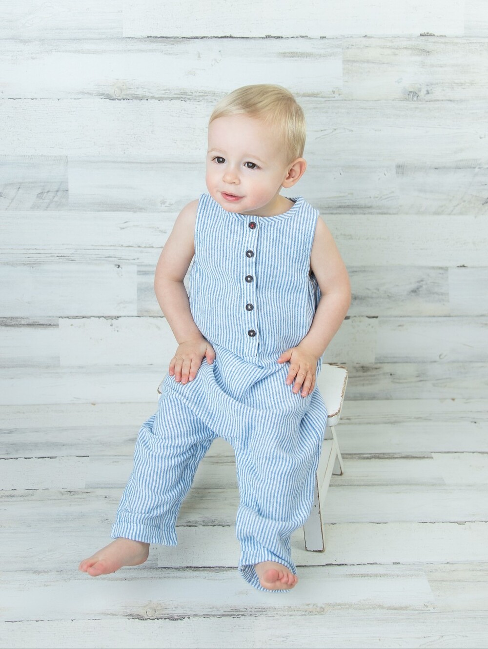 Baby Boden Blue & White Striped Sleeveless One-Piece